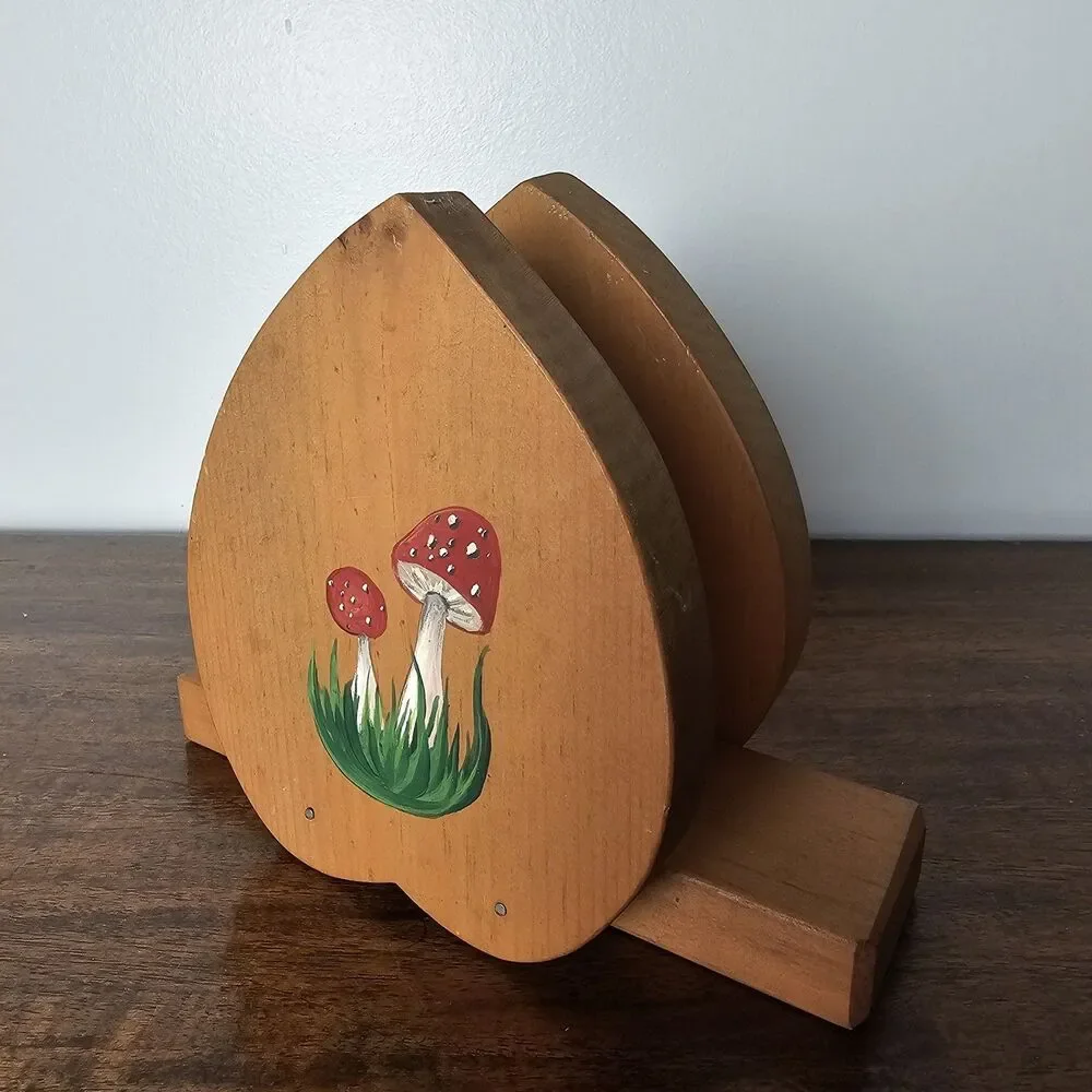 Handmade Hand-Painted Wooden Mushroom Napkin Holder Cottagecore Rustic Folk Art